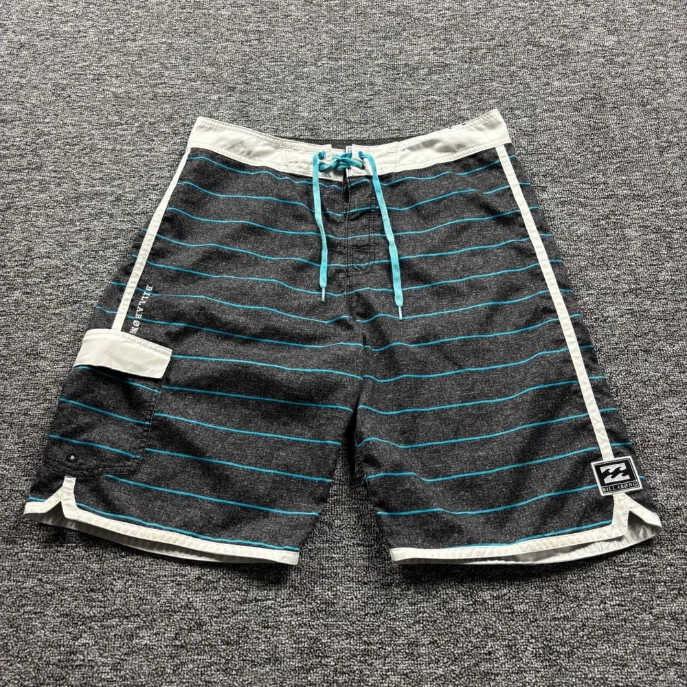 Vintage Y2K Billabong Grey Striped Baggy Surf Board Shorts Size 34
